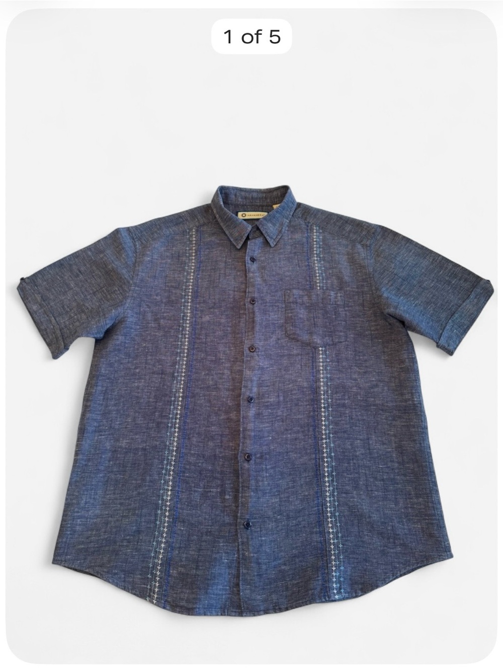 Havanera Men’s Large Blue Linen Blend Embroidered Short Sleeve Button Down Shirt